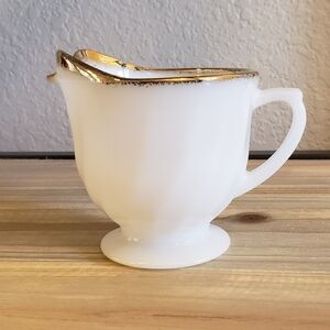 Vintage Anchor Hocking Fire-King Milk Glass Gold Trim Swirl Design Creamer MCM